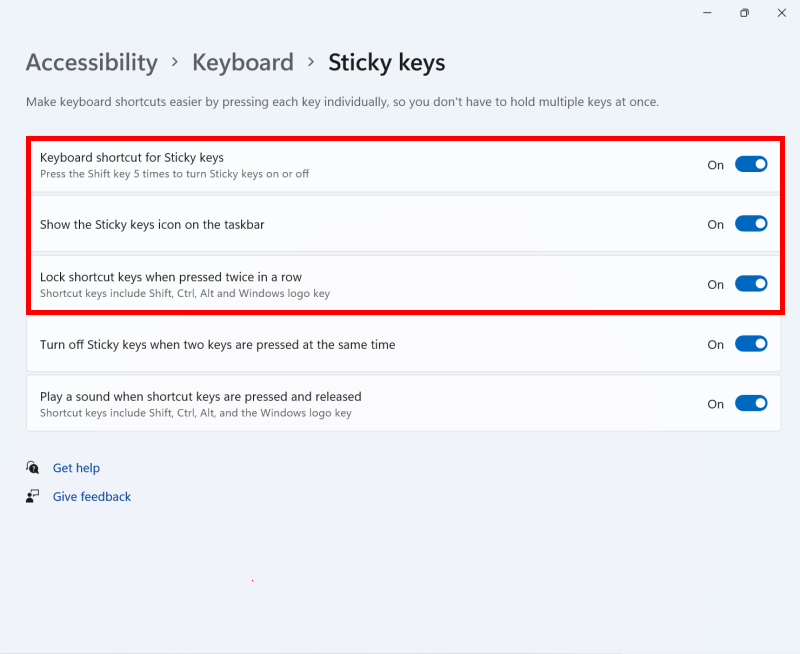 Enable the top three options for keyboard and taskbar shortcuts and a shortcut key lock